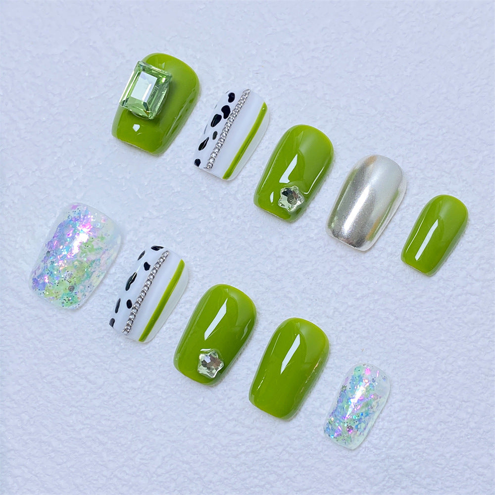 Chic Handmade Fresh Forest-Theme Full-Diamond Fall Nails, Trendy and Versatile Student-Friendly Nail Patches