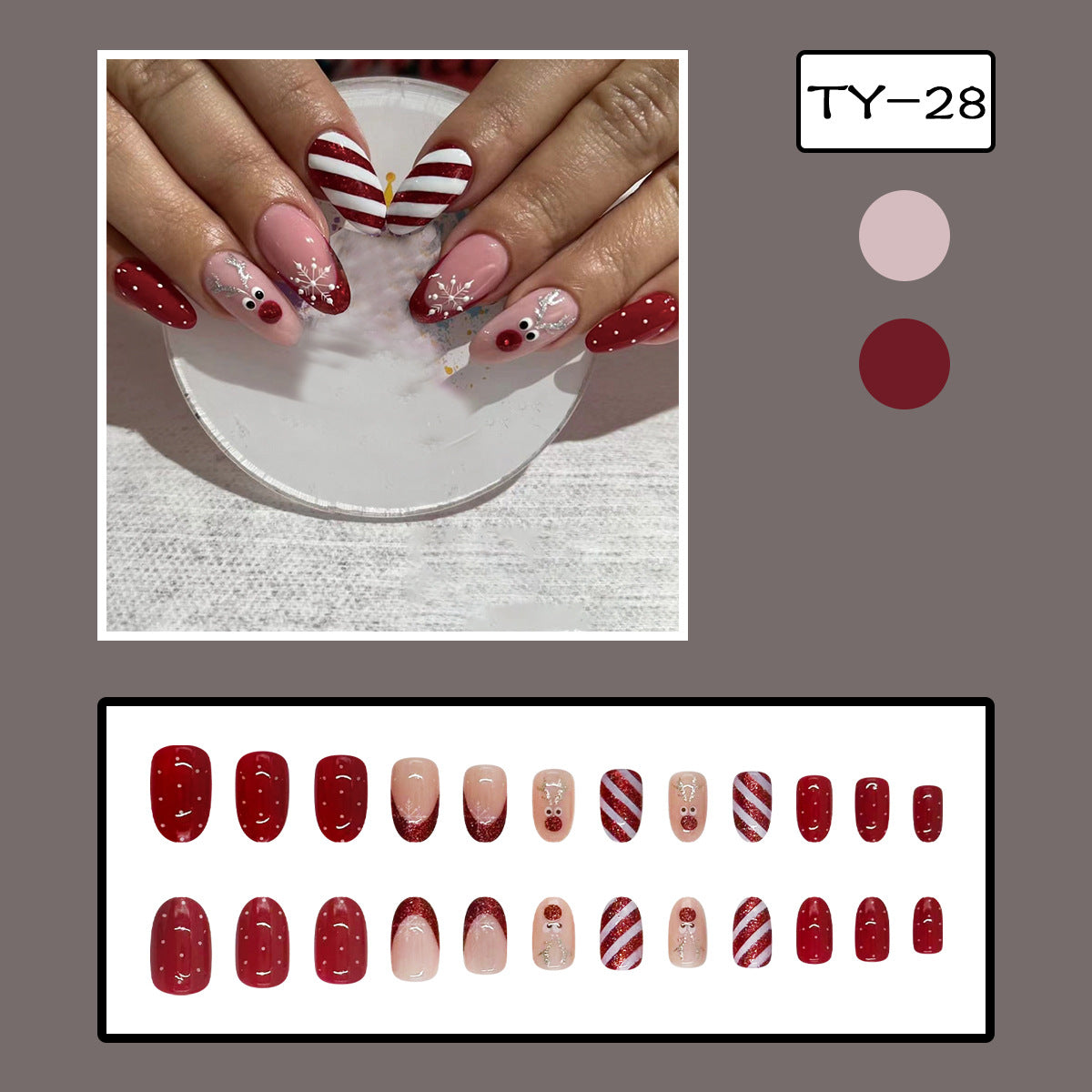 Winter Christmas Short Red Glitter French Oval Reindeer Snowflake Striped Nails