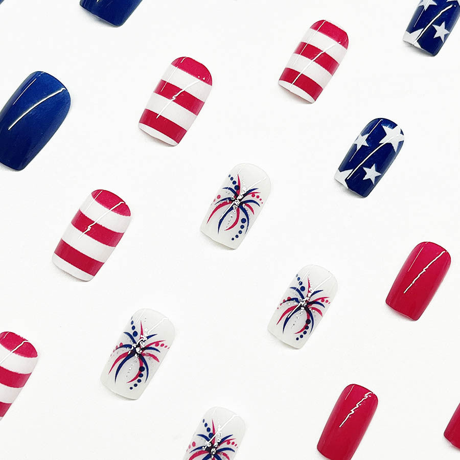 Popular Flag-Style Nails with Red and Blue Accents