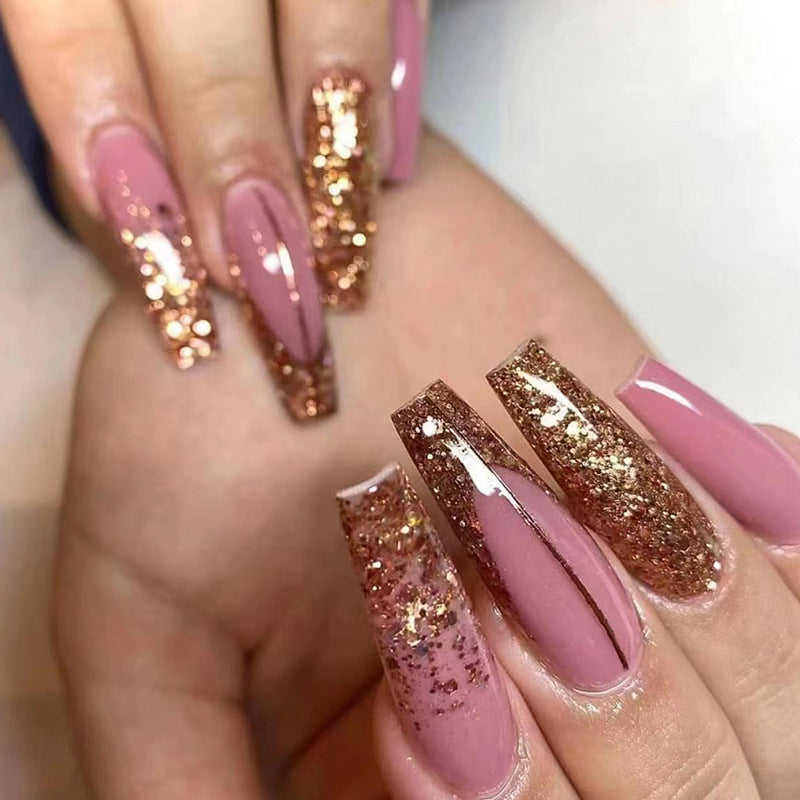 Ballet-Style Long Shiny Gold Glitter Wearable Nail Tips