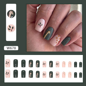 Cute Giraffe Nails Mid-Length Square Pure Green Fresh Wearable Nails Wholesale