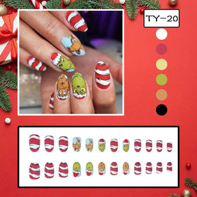 Christmas Red White Striped Grinch Design Cute Nail Tips