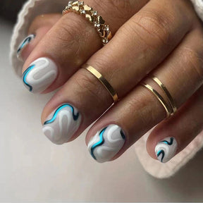 Short Irregular Blue and White Wave Nails for Sweet Girls