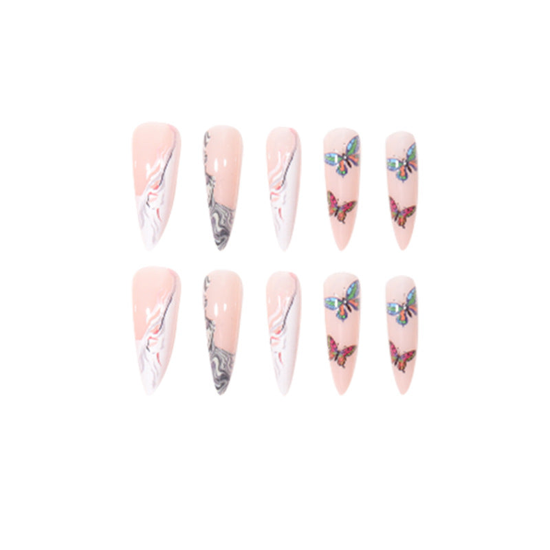 Long Pointed Nail Extensions with Butterfly Gradient Design