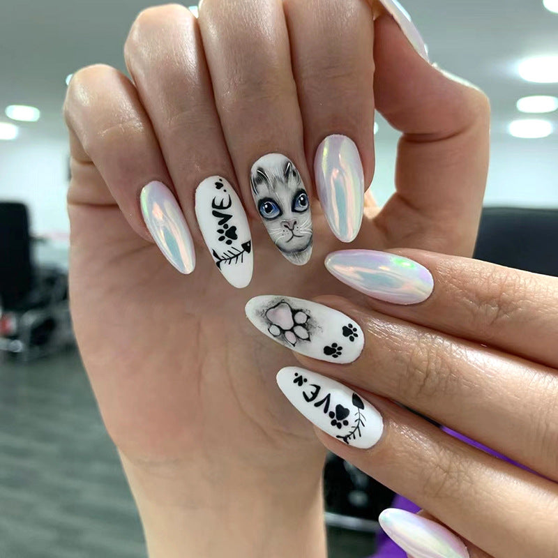 Aurora Almond Nails with Cat Design for Halloween