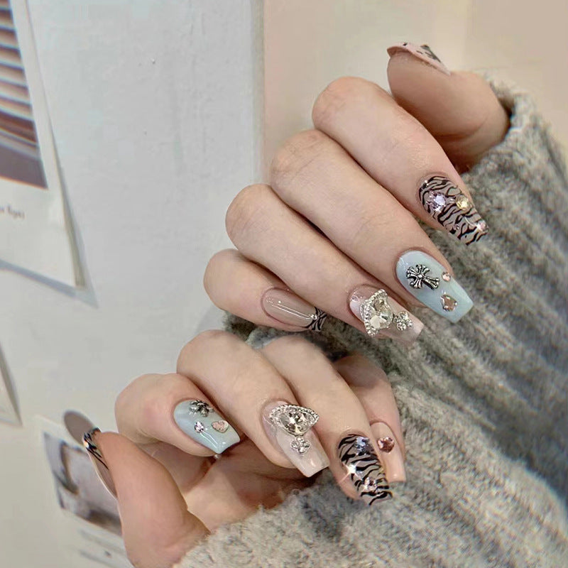 Silver Mid-Length Leopard Print Fall Nails - Shiny Studs (24PCS)