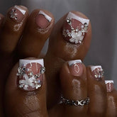 Classic French Pedicure Nail Art Tips with 3D Flowers and Pearls