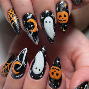 Spooky Ghost Pumpkin Fall Nails - Removable Halloween Nail Tips