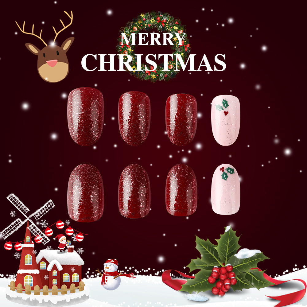 Short Shiny Oval Christmas Nails - Glitter, Leaves, Berries