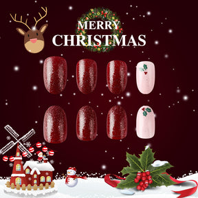 Short Shiny Oval Christmas Nails - Glitter, Leaves, Berries