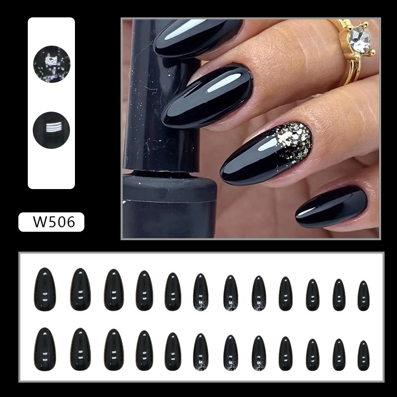 24-Piece Black & Silver Almond Nails - Ins Style,