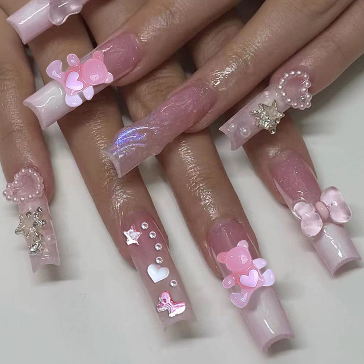 Long Pink Bear Heart Star Nail Tips, Cute and Chic