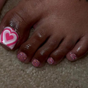 Pink Shiny Full Set Heart Impact Toe Nails Adorable