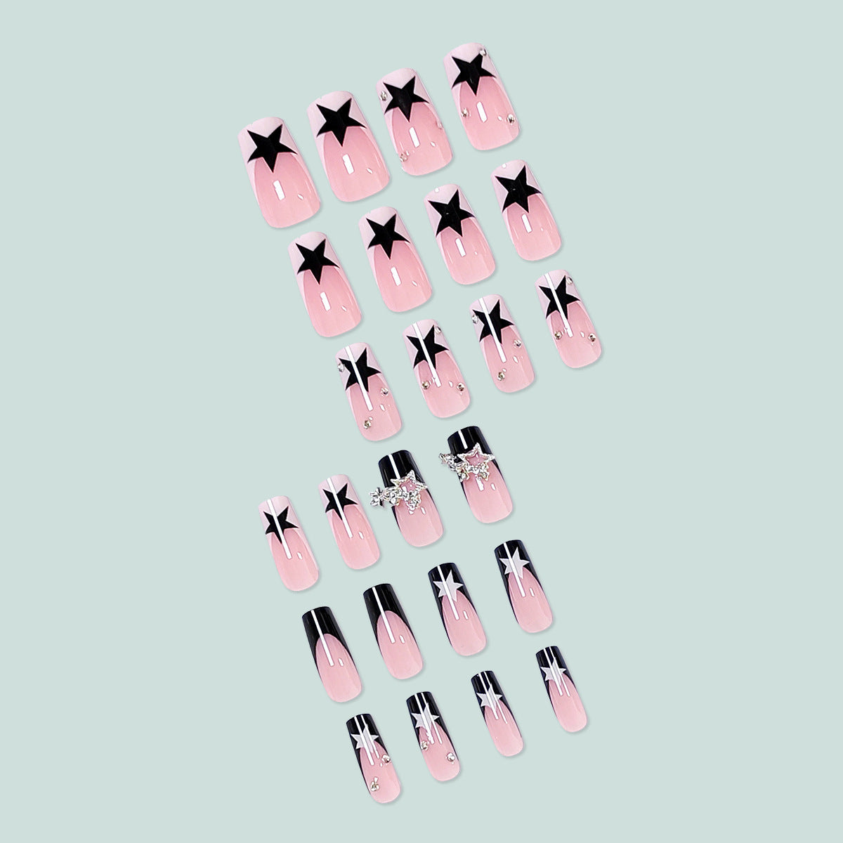 Long Sweet Cool Star French Tip Fake Nails