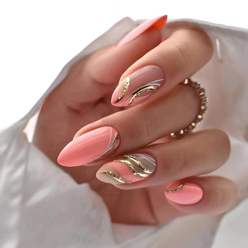 Shiny Barbie Pink Almond Nails with Wave Design