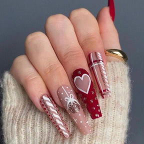 Christmas Striped Heart Bell White-Enhancing False Nails