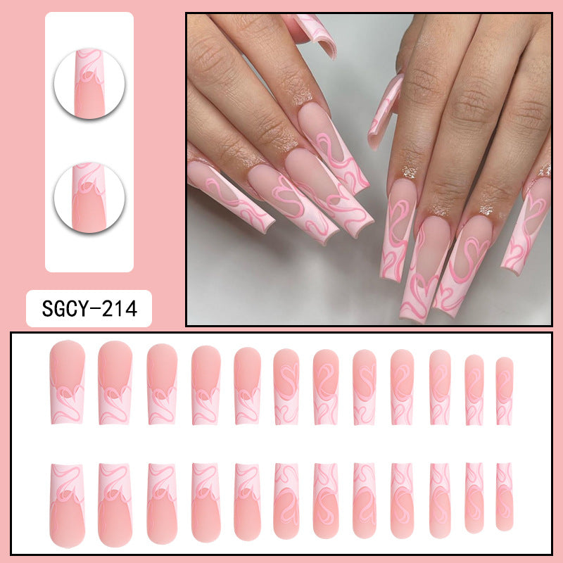 Long French Line Pink Heart Nail Extensions