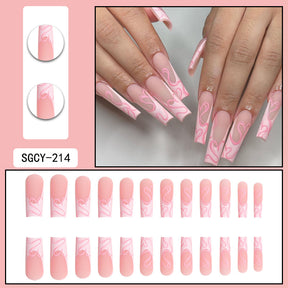 Long French Line Pink Heart Nail Extensions