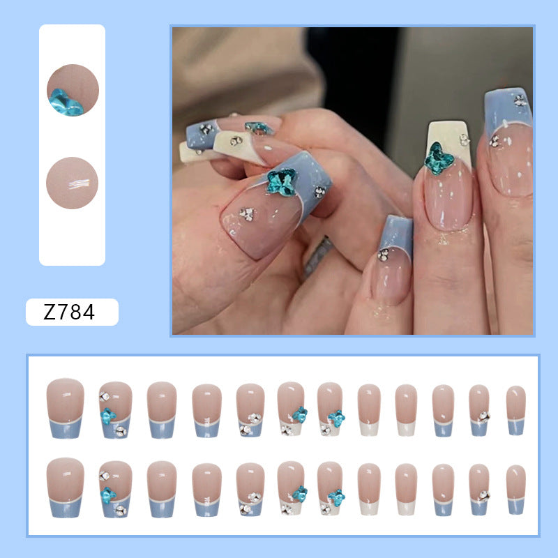 Short Ballet French Blue Butterfly Nails, Sparkly and Ins Style