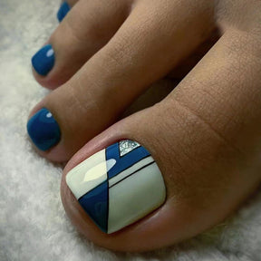 Simple Fresh Sea Blue Irregular Stripe Toe Nails, Stylish and Comfortable