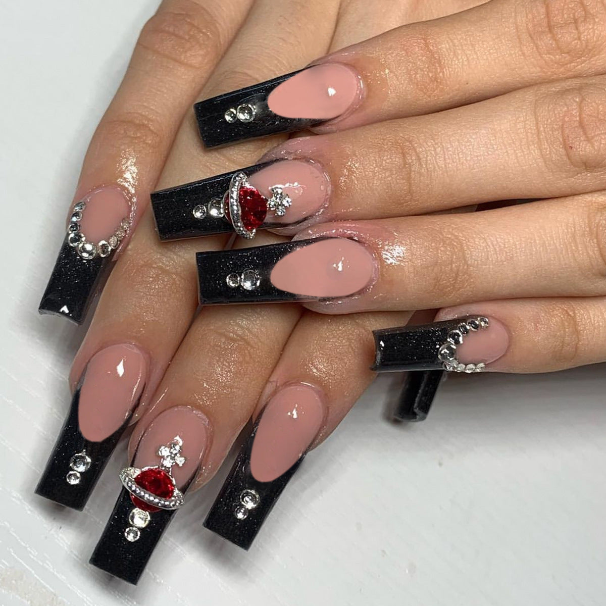 Long Stiletto Black French Nails with Planet Accents