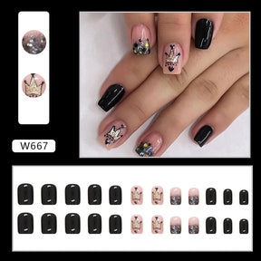 24-Piece Short Black Nails - Glitter Crown Gradient, Ins Style