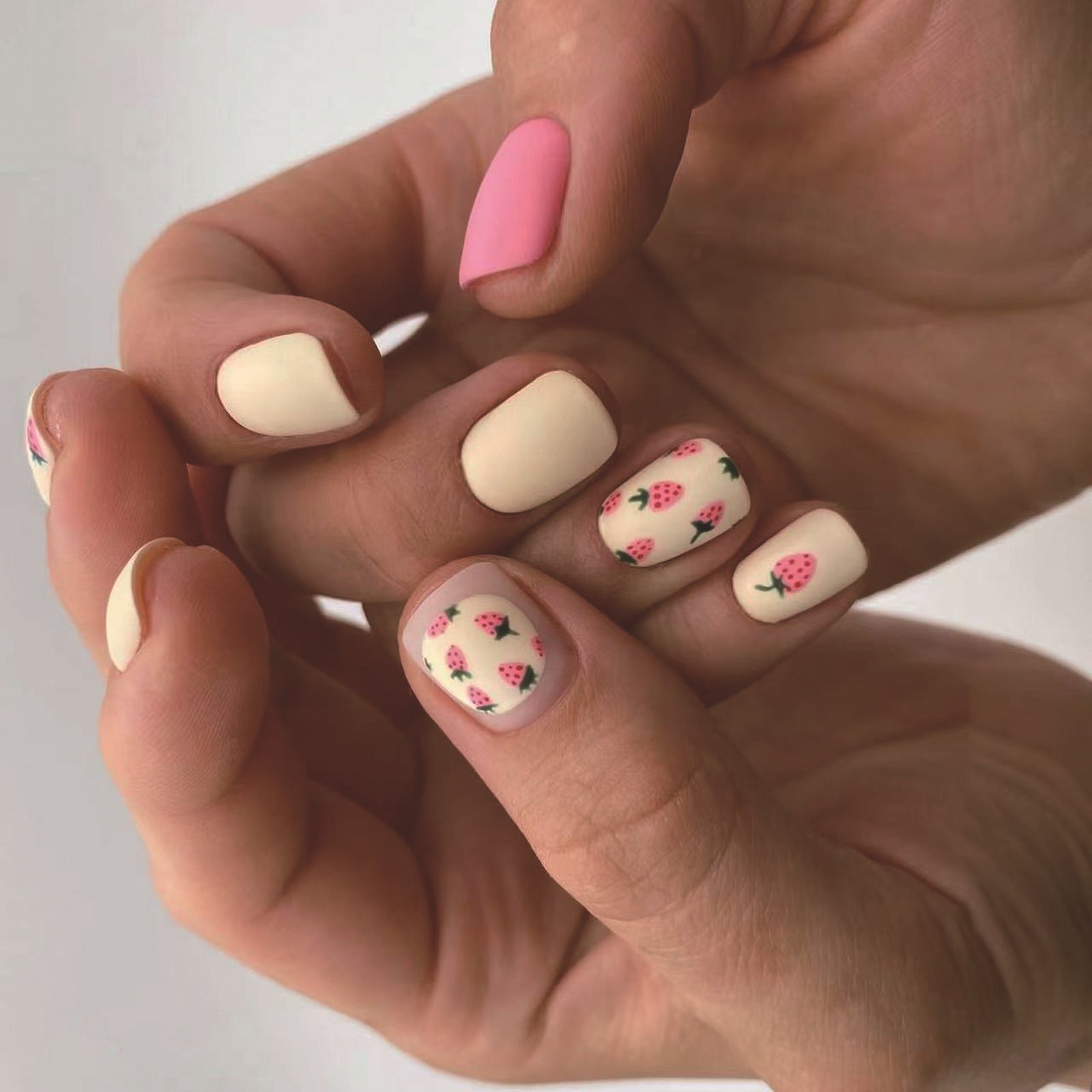 Chic Pink Yellow Ombre Matte Square Nails with Strawberry Design