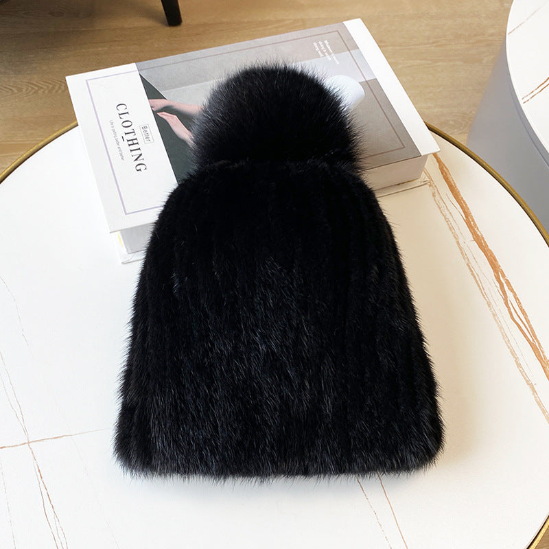 Winter Fox Pom Pom Mink Fur Hat with Ear Protection