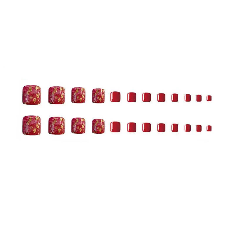 Removable Wine Red Gold Foil Line Toe Nail Tips