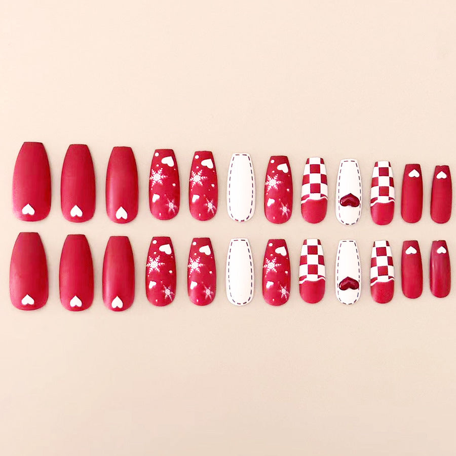 Christmas Red White Snowflake Heart Removable False Nails