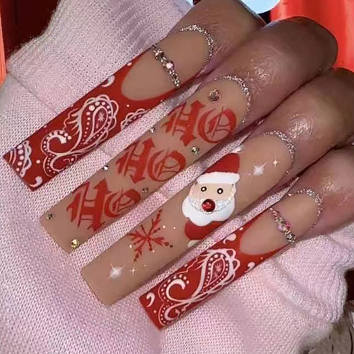 Christmas French Snowflake Nail Extensions with Rhinestones