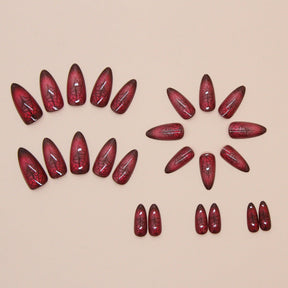 Red Cat Eye Spider Web Halloween Nails, Pointed Shape