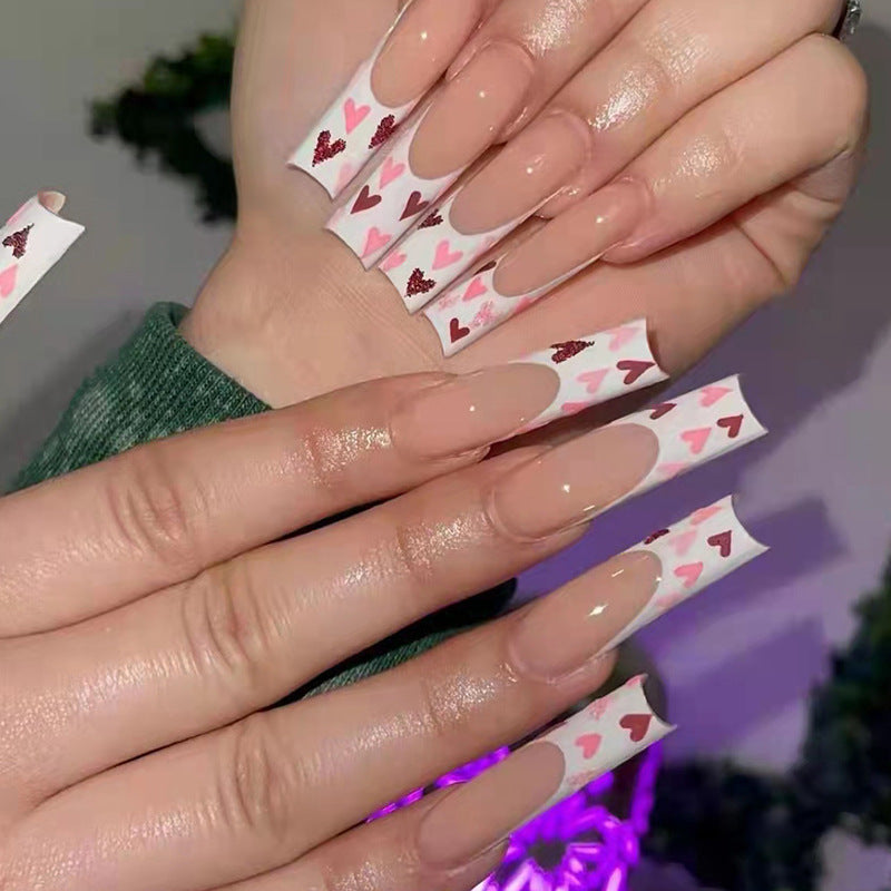 Valentine's Day Heart Long Nails - French Tip Manicure Stickers