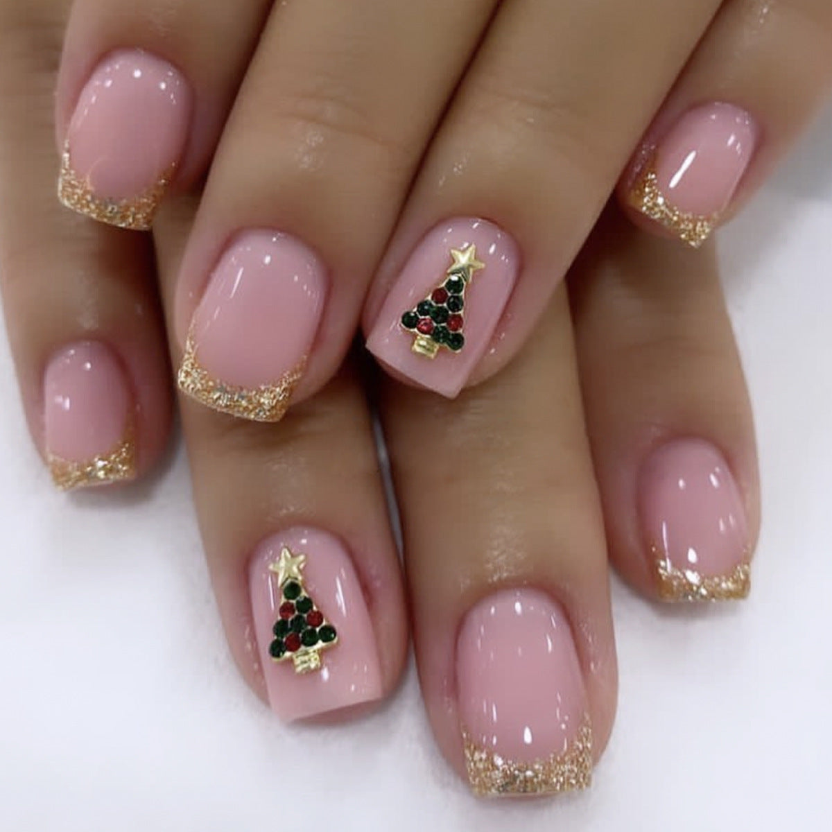 Removable Square Glitter French Christmas Tree Nails