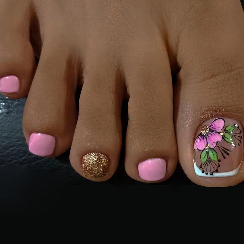 Spring-Summer New Arrival, Fresh Green Leaf Red Flower Toenails, Shiny Solid Colo