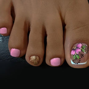 Spring-Summer New Arrival, Fresh Green Leaf Red Flower Toenails, Shiny Solid Colo