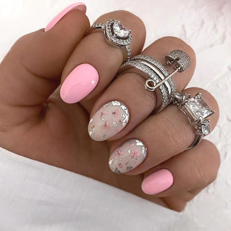 Cute Short Oval Floral Nails Pink Tender Fashion Sweet Girl Fake Nails