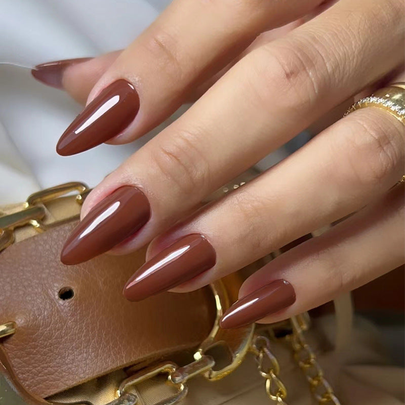 Solid Red-Brown Fall Nails: 24-Piece Removable Almond Shape Nail Wraps