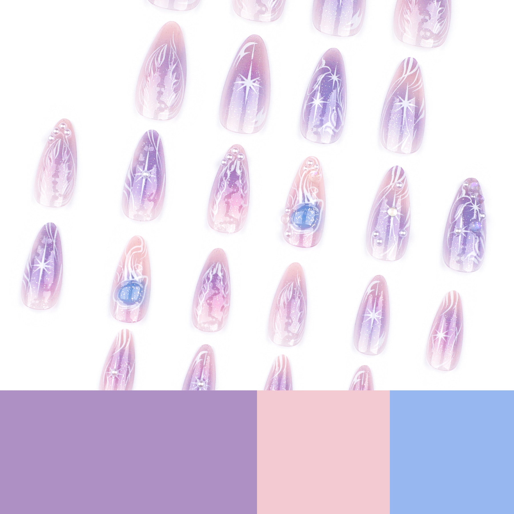 Purple Gradient Dream Nails, Starlight Pearl Almond Tips