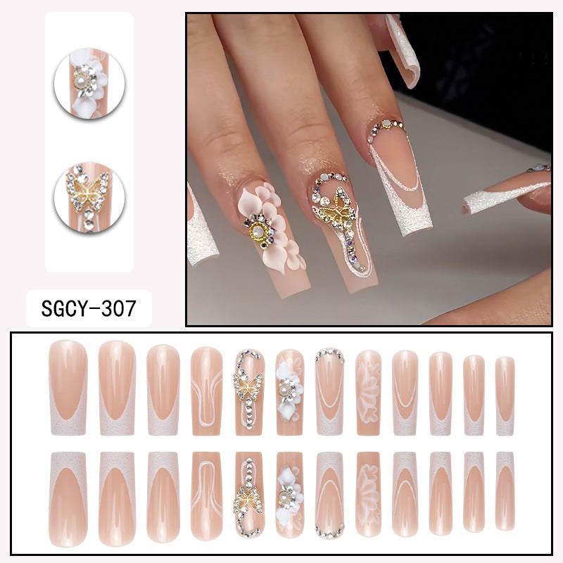 Long French Nail Extensions with Flowers, Diamonds, Butterflies