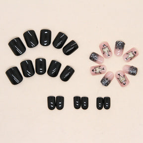 Sweet Cool Black Short Nails Glitter Crown Gradient Euro Wearable Nails Ins Style 24-Piece Set