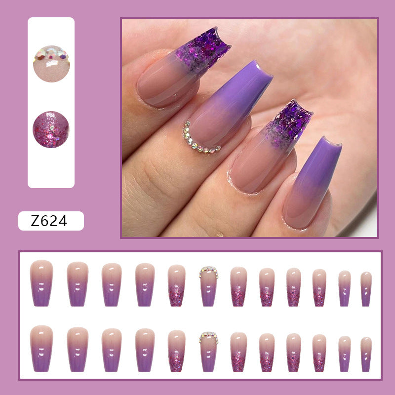 Medium Purple Ballet Nails with Flashy Fragments and Glitter, Soft and Glamorous