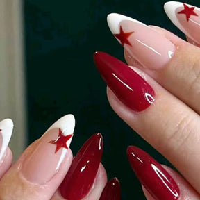 Red Star French Manicure Nails, Almond Shape, Handmade, Sexy & Cool