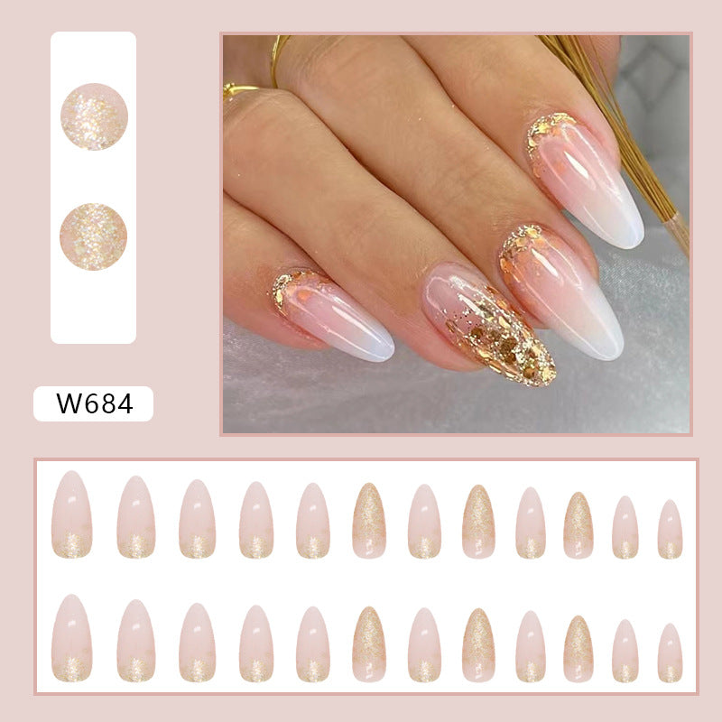 Simple Pure Desire Almond Nails Sparkling Gold Powder Gradient Euro Ins Style Fake Nails