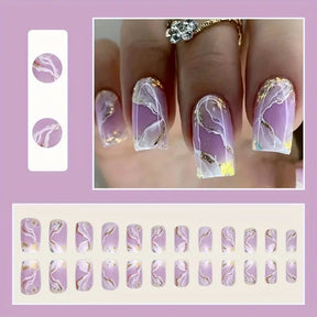 Elegant Marble Pattern Gold Foil Purple Removable Nails