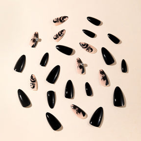 Black Almond Irregular Flower Cluster Diamond Nails