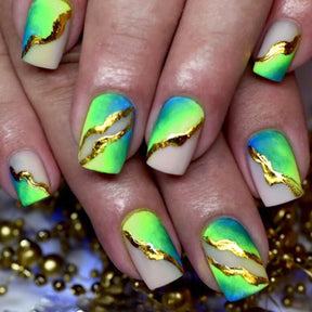 Amber Green Gold Foil Nail Tips