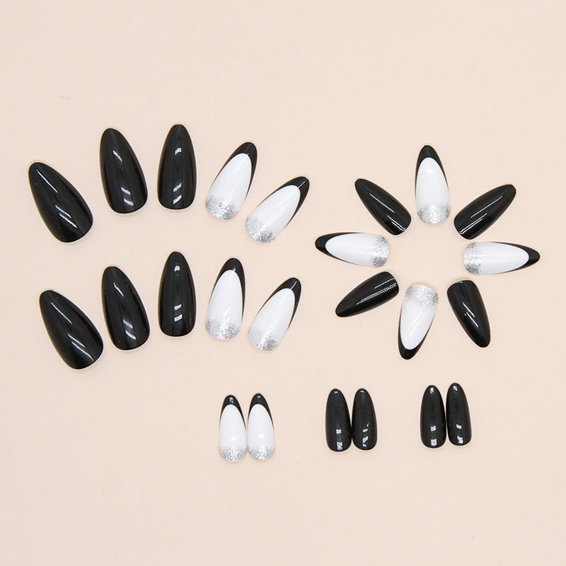 Almond-Shaped Black French Nails, Shiny and Chic