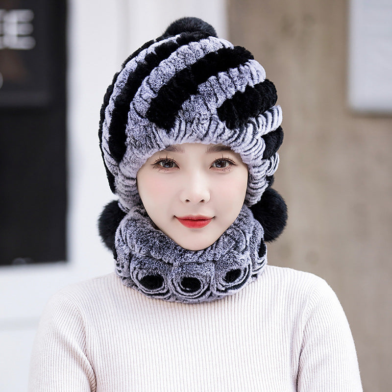 Winter Real Rabbit Fur Ear Flap Hat & Scarf Set