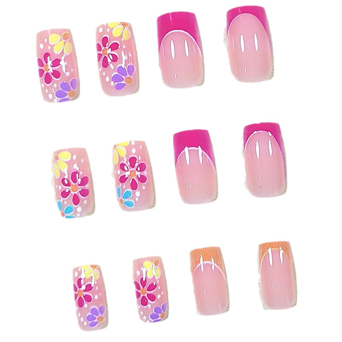 Cute Pink Orange French Nails with Floral Accents